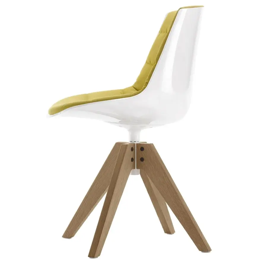 Exceptional MDF Italia Flow chair with glossy white shell, yellow-green quilted fabric and light brown wooden legs