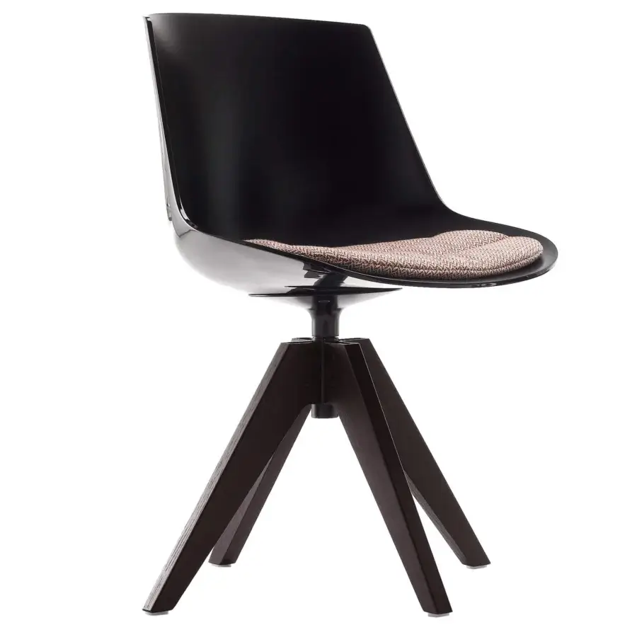 Distinguished MDF Italia Flow chair with glossy black shell, woven variegated brown textile cushion and dark brown wood base