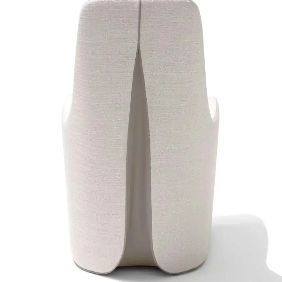 Lavish Giorgetti Tie chair with full volume, light beige woven textile upholstery and smooth leather detailing