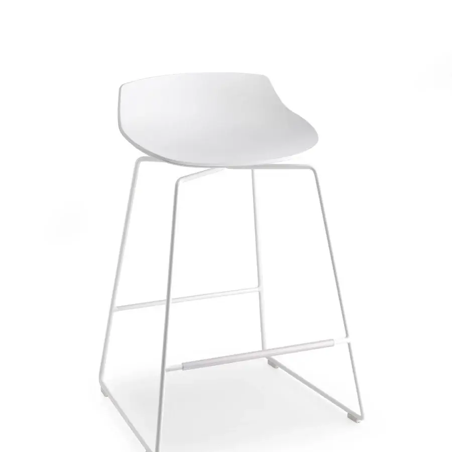 Sophisticated MDF Italia Flow stool with white fabric upholstery and a natural finish oak base built with a matt white coupling device