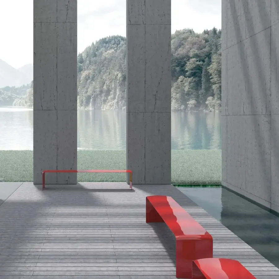 Superior MDF Italia Le Banc bench built with a curved silhouette in gloss lacquered red metal