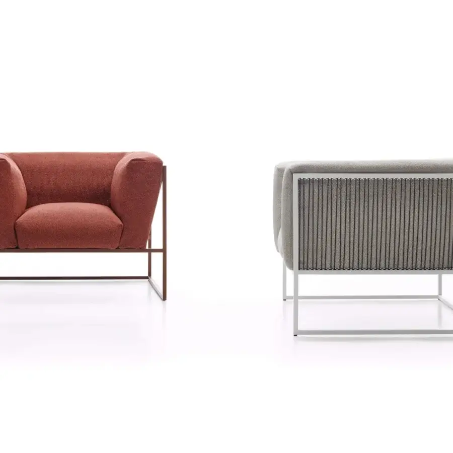 Distinguished MDF Italia Arpa lounge chair with stainless steel frame in goffered white and light gray polyester cord upholstery