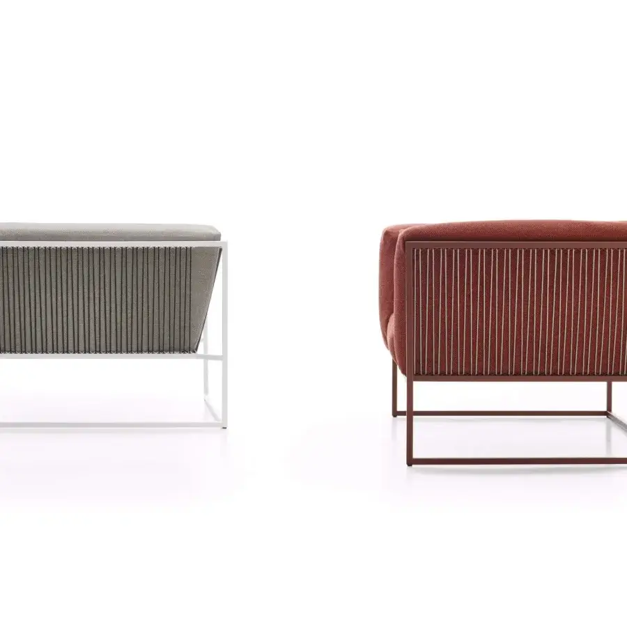 Exceptional MDF Italia Arpa lounge chair with reddish-brown epoxy powder coated frame and handwoven polyester cord backrest