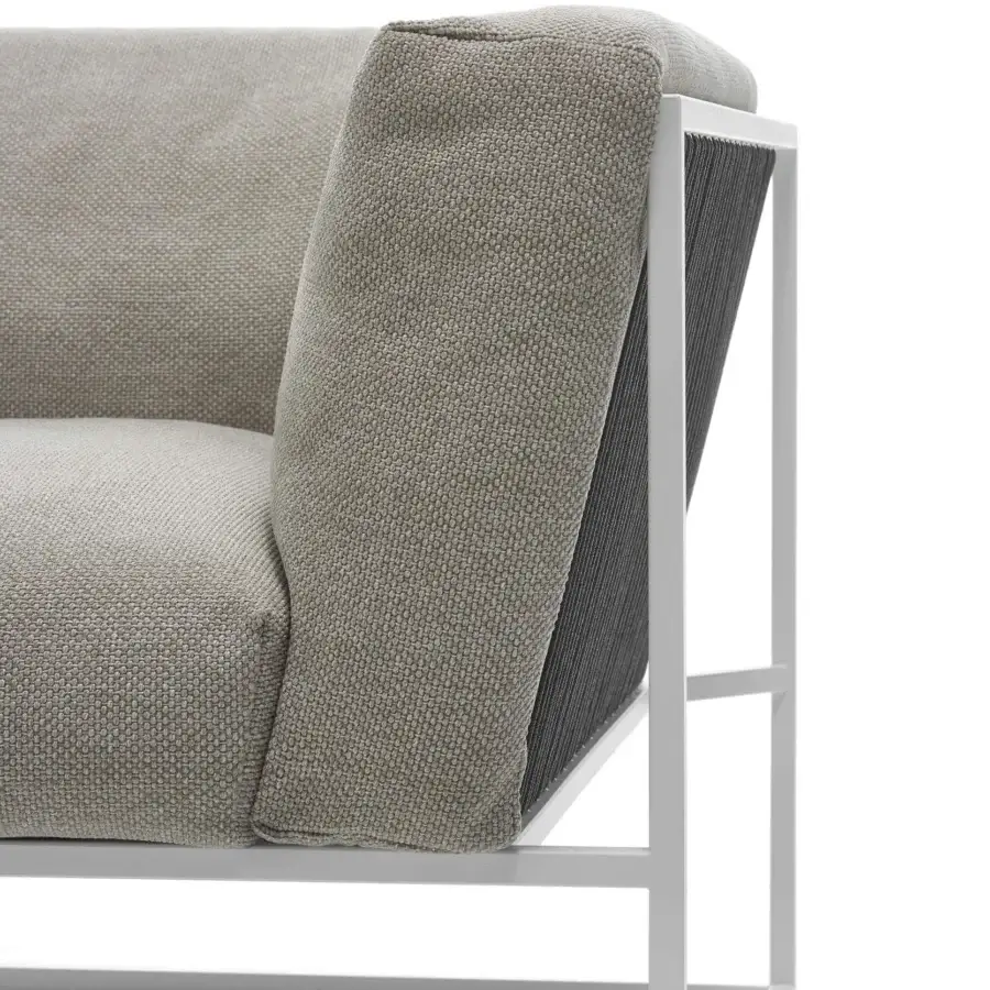 Superior MDF Italia Arpa lounge chair with stainless steel frame in matt goffered corten epoxy powder coated finish and neutral beige woven cushions