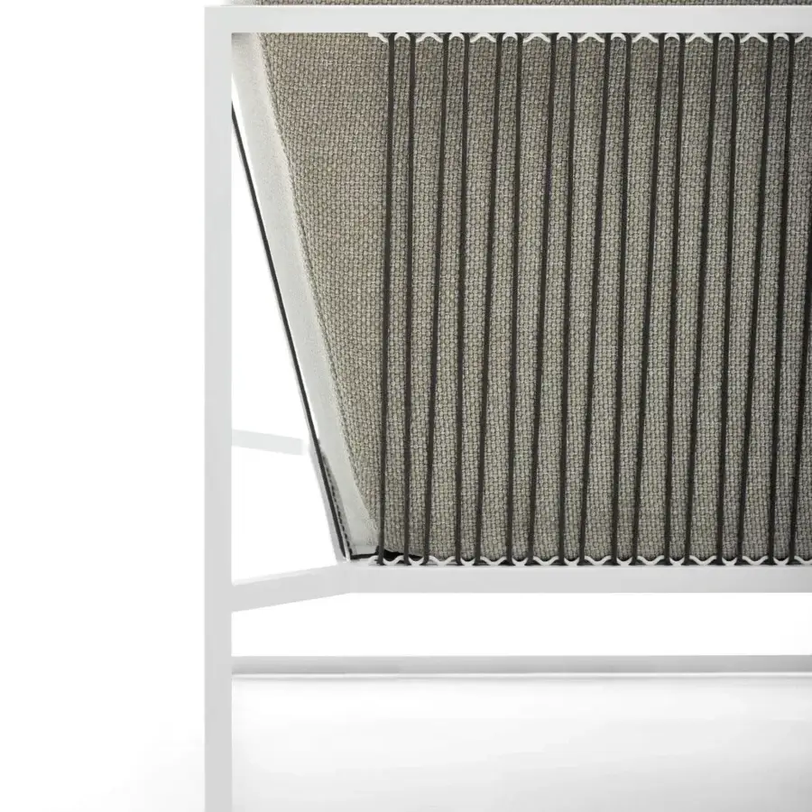 Elegant MDF Italia Arpa lounge chair upholstered in neutral gray woven textile with a matt goffered white metal frame and hand woven polyester cords