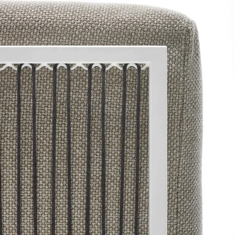 Distinguished MDF Italia Arpa lounge chair with woven beige and grey cords, built with a white matt goffered stainless steel frame