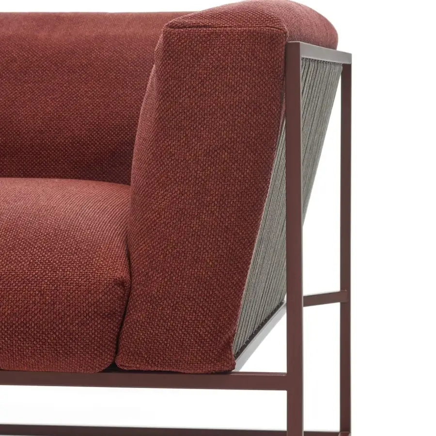 Superior MDF Italia Arpa lounge chair with corten powder-coated stainless steel frame and reddish-brown polyester upholstery