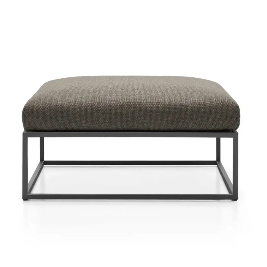 Distinguished MDF Italia Arpa ottoman with textured brown-grey Tecno Strong upholstery and black iron epoxy powder-coated stainless steel frame