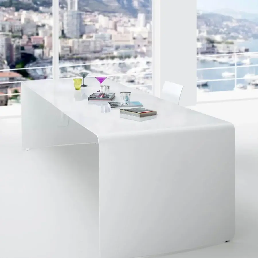 Exceptional MDF Italia La Grande table crafted with curved gloss painted white aluminum and waterfall legs