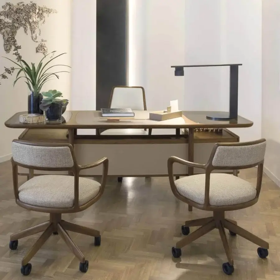 Architectural Giorgetti Mogul desk with canaletto walnut structure and beige leather coverings, plus bronze or grey tempered glass inserts