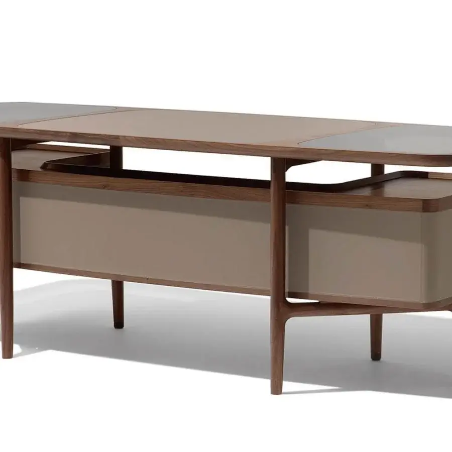 Architectural Giorgetti Mogul desk with canaletto walnut and beige leather, showcasing tempered glass inserts and minimalist design