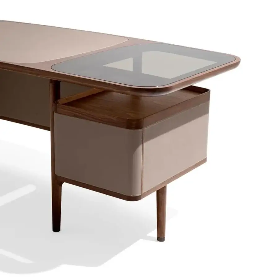 Distinguished Giorgetti Mogul desk with canaletto walnut structure and light tan leather, built with a smoked grey tempered glass insert