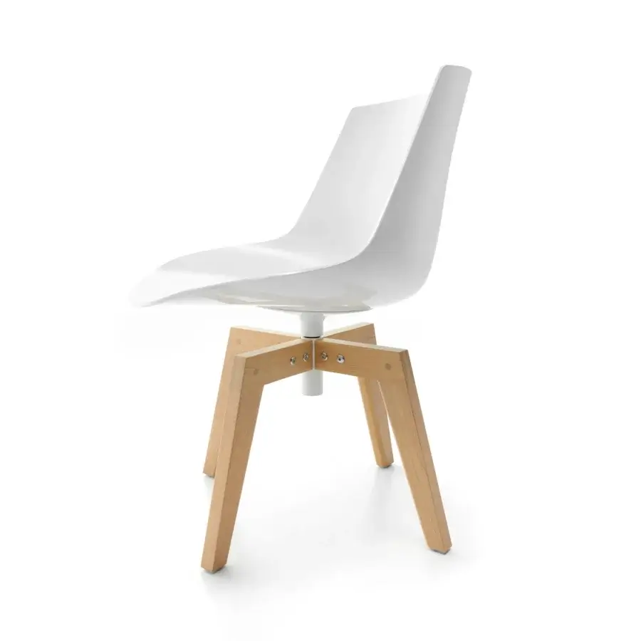 Elegant MDF Italia Flow Iroko chair with glossy white polycarbonate shell and specialized varnish treated Iroko wood base