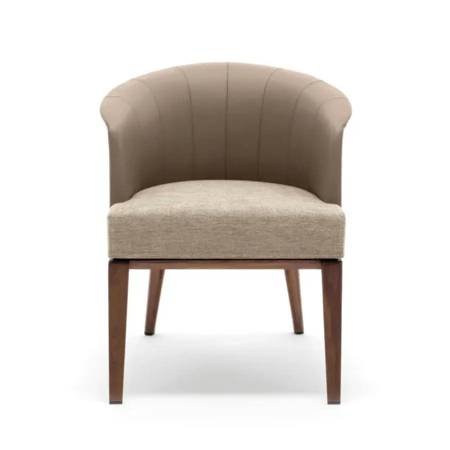 Distinguished Giorgetti Aura armchair with saddle leather backrest and neutral beige woven textile seat in canaletto walnut