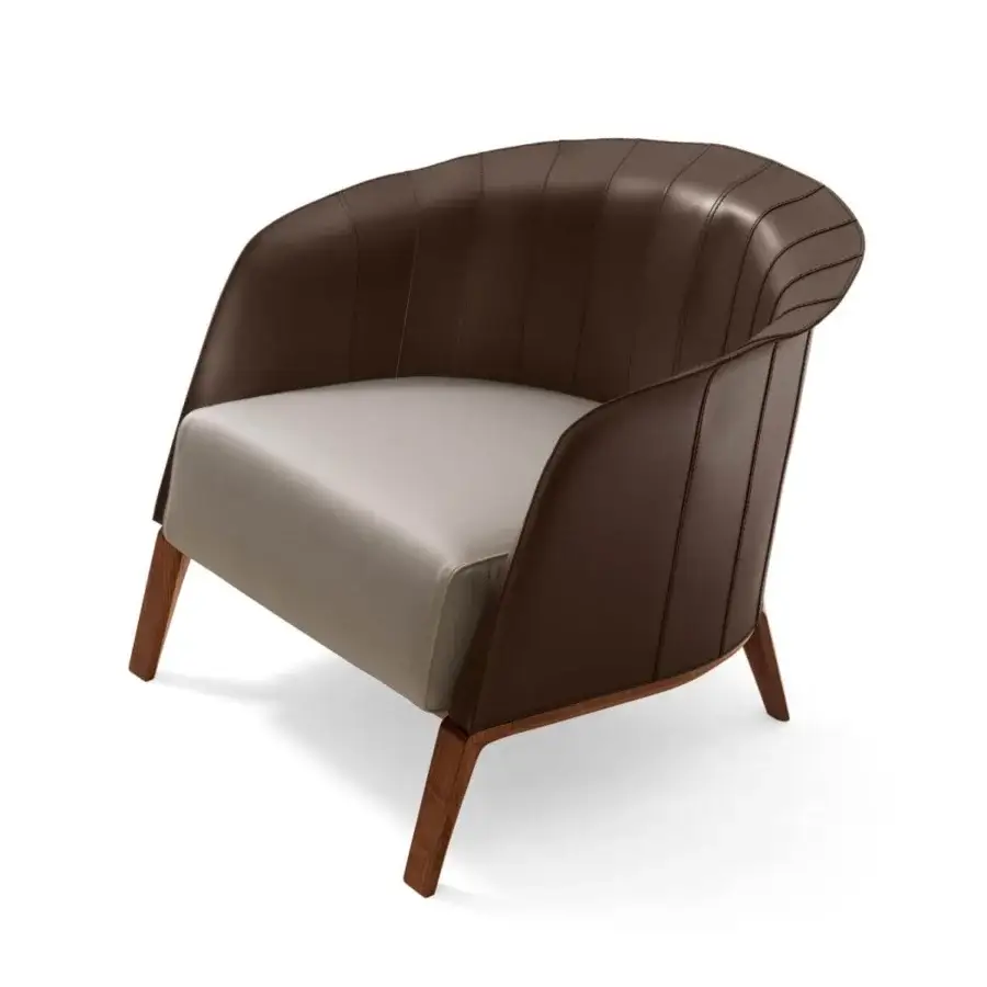Distinguished Giorgetti Aura lounge chair with curved dark brown leather backrest and light gray fabric seat crafted with a matte canaletto walnut base