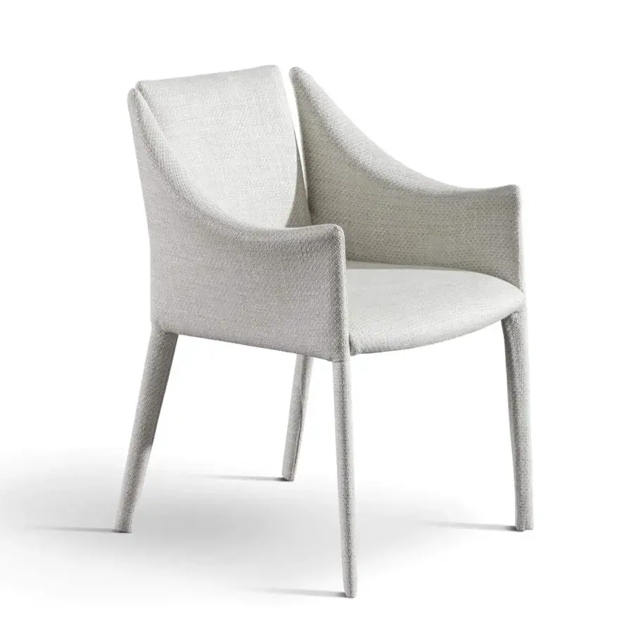 Elegant Bonaldo Vela armchair with light gray textile upholstery and seamless integrated steel legs