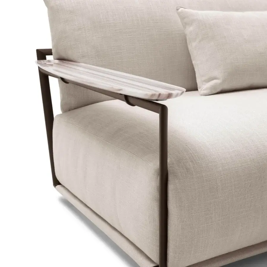 Exclusive Giorgetti Adam sofa with pewter painted metal and light beige fabric, including a marble surface with pink veining