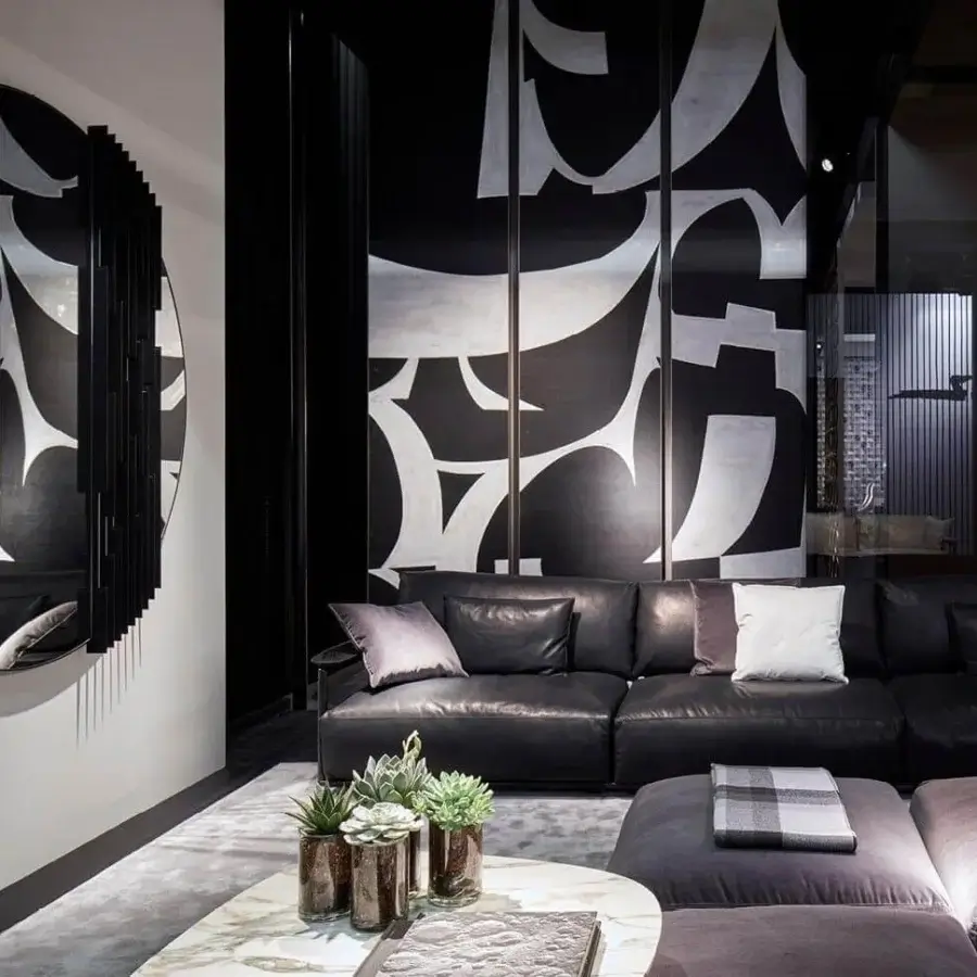 Distinguished Giorgetti Adam sofa with a pewter-painted metal structure and deep black matte leather upholstery