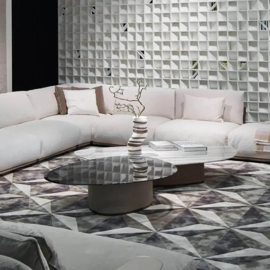 Elegant Giorgetti Adam sectional with light beige fabric, pewter painted metal and canaletto walnut shelf
