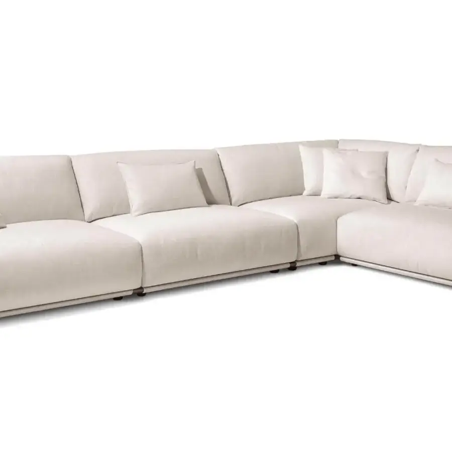 Distinguished Giorgetti Adam sectional with light beige fabric upholstery, pewter painted metal and dark brown frame