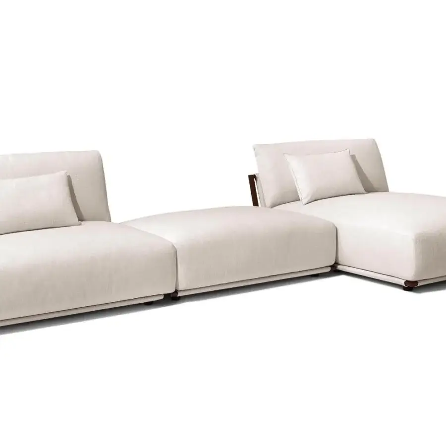 Sophisticated Giorgetti Adam sectional with light beige fabric upholstery, pewter painted metal details and goose down pillows