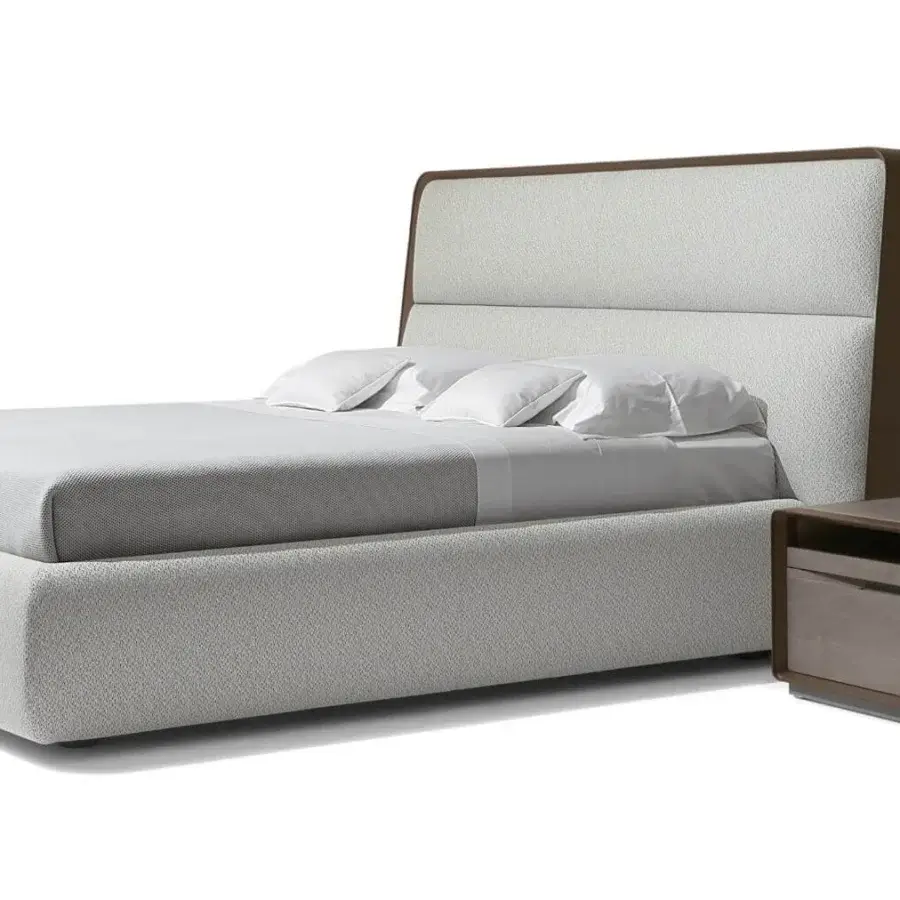 Sophisticated Giorgetti Frame bed in light gray textured fabric with a dark brown saddle leather headboard