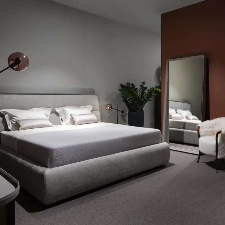 Exceptional Giorgetti Frame mirror with a light neutral tone and saddle leather frame exhibiting a glossy finish