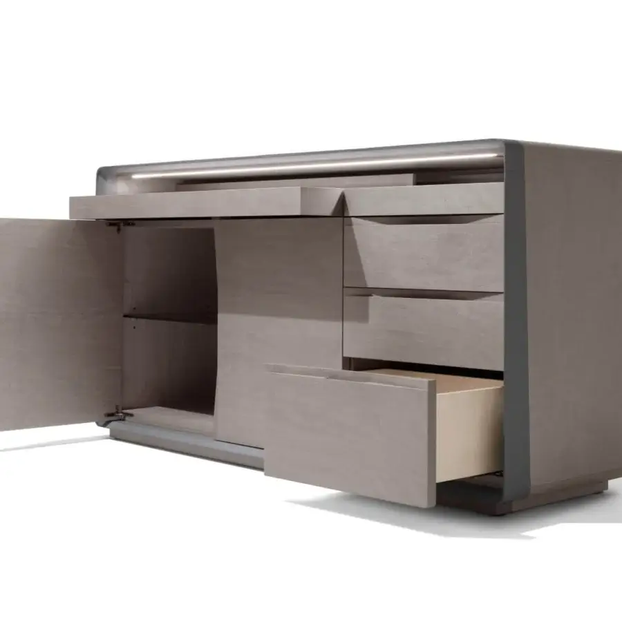 Elegant Giorgetti Frame dresser with maple wood, saddle leather frame and Calacatta gold marble shelves in a matte finish