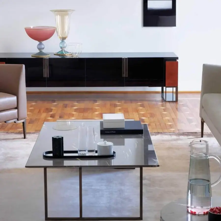 Elegant OAK Montenapoleone TV stand with reddish-brown galouchat leather accents and polished ebony finish