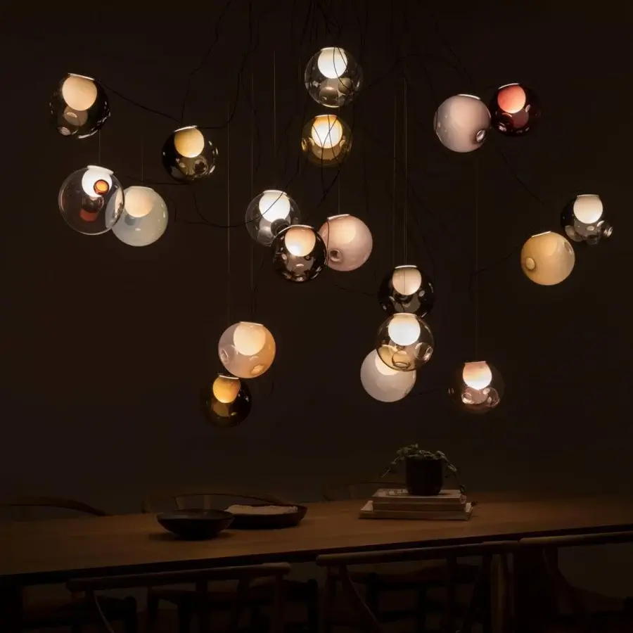 Distinguished Bocci 28 sculptural cable suspension lamp with numerous clear glass spheres and milk white lamp holders within black cables