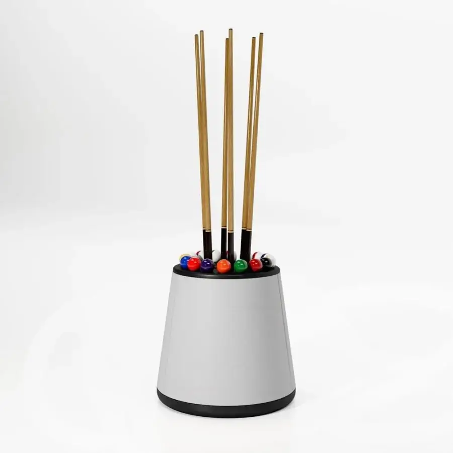 Distinguished Vismara Design Bobo cue rack crafted in light gray with sleek black rims displays cues and billiard balls