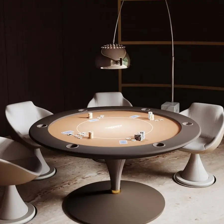 Distinguished Vismara Asso poker table with light tan padded microfiber playing surface and dark brown soft touch lacquered edge built with cup holders