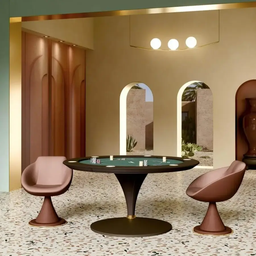 Sophisticated Vismara Asso poker table with curved lines and printed microfiber top in dark brown with gold accents
