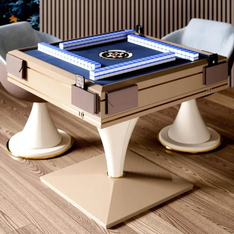 Exclusive Vismara Posh mahjong table crafted with blue velvet cloth and lacquered metal profile cone-shaped legs for modern gameplay