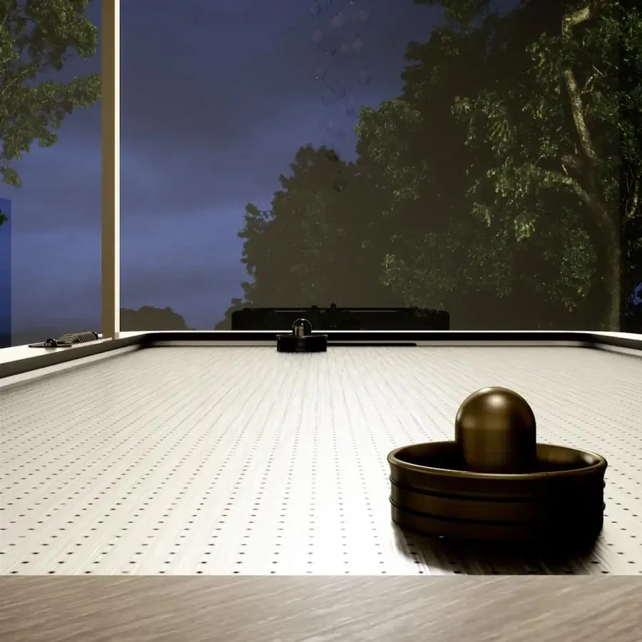 Distinguished Vismara Blow air hockey table with leather upholstery and metal laminate playing field crafted in veneered wood