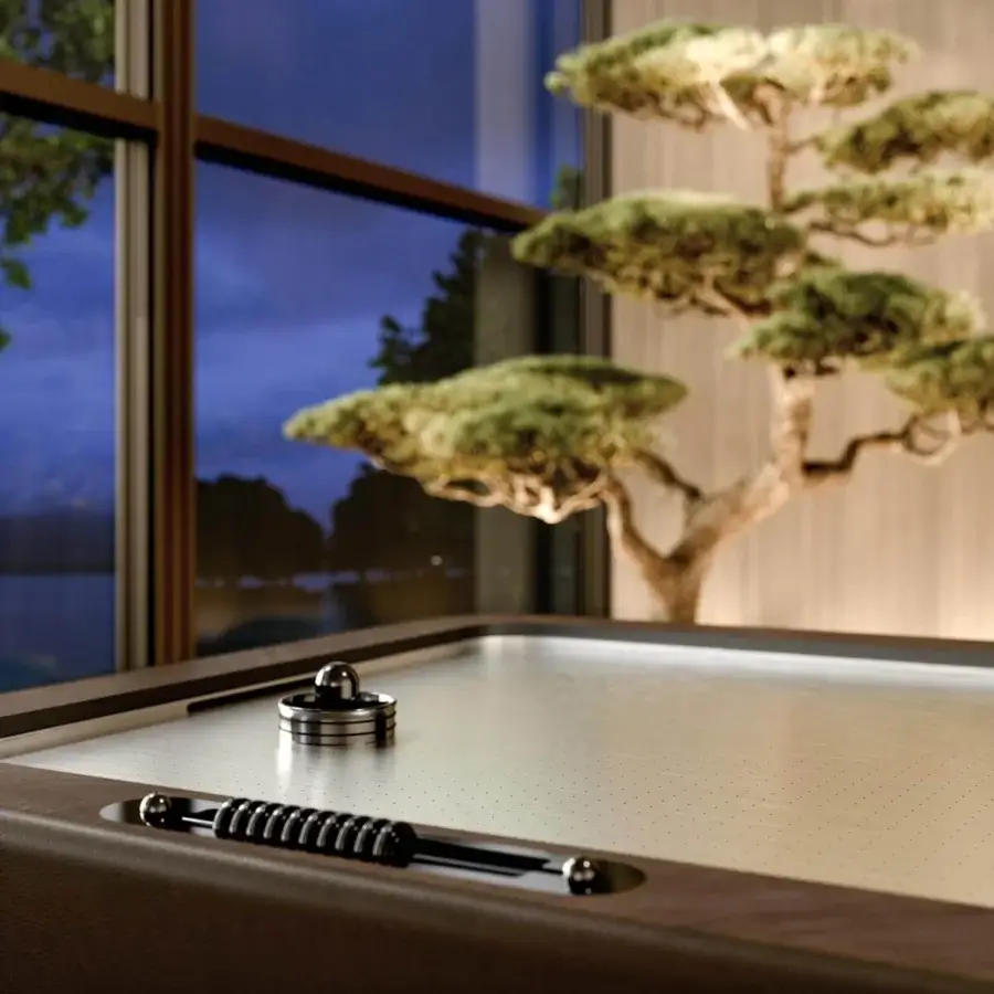 Exceptional Vismara Blow air hockey table crafted with leather upholstery and dark walnut veneer wood finish