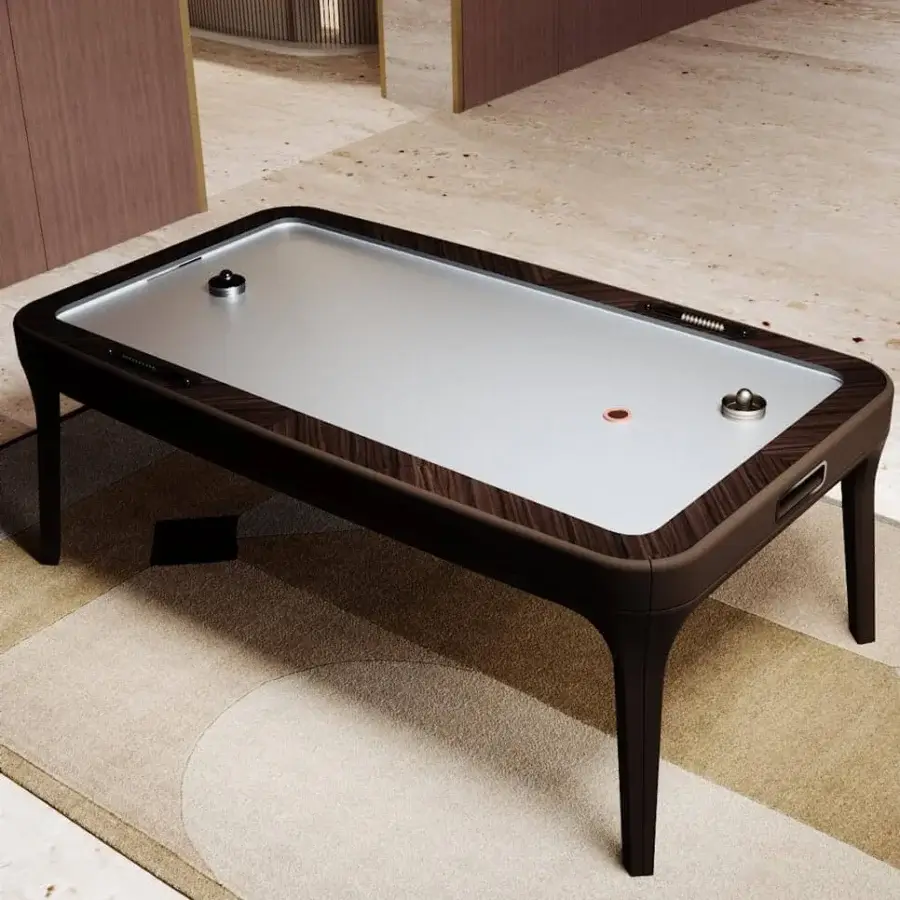 Lavish Vismara Blow air hockey table built with leather upholstery, dark walnut veneer, and light metal laminate