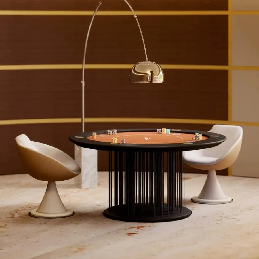Distinctive Vismara Shanghai poker table for six players with orange padded cloth and black lacquered metal sticks