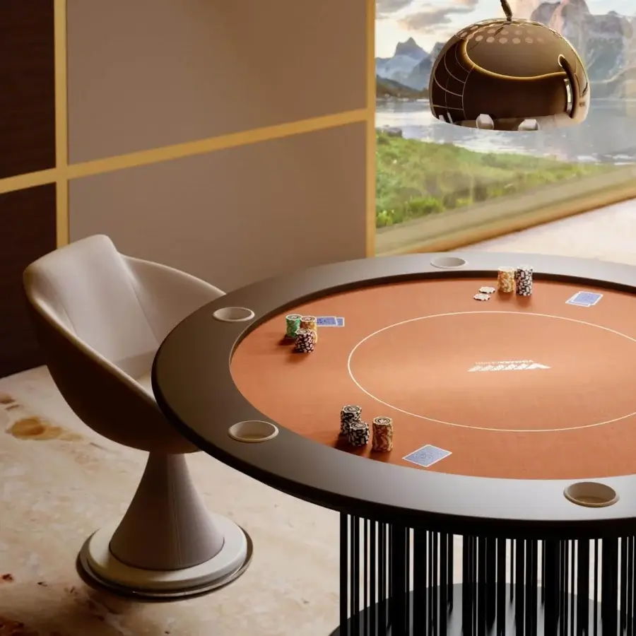 Exceptional Vismara Shanghai poker table for six players with a light brown playing surface and black lacquered metal base