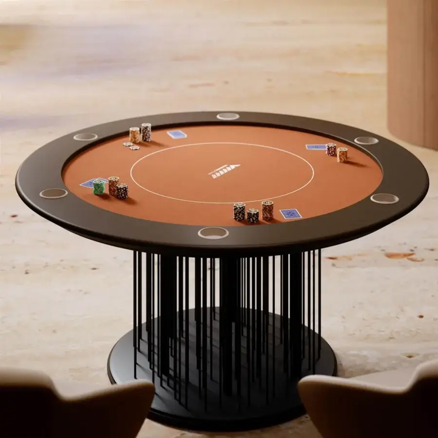 Distinguished Vismara Shanghai poker table with a round playing surface and dark lacquered metal base crafted in Italy
