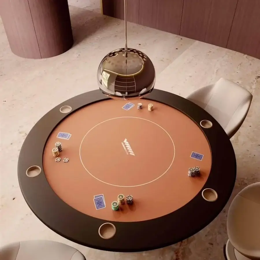 Refined Vismara Shanghai poker table with a terra cotta cloth surface and lacquered metal base crafted with a dark brown wooden rim