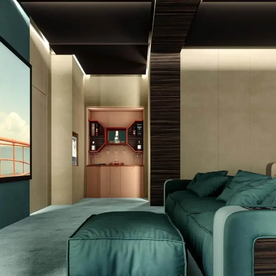 Exclusive Vismara Onassis Home Cinema sofa with deep teal seating and polished Ebony Makassar accents crafted in Italy