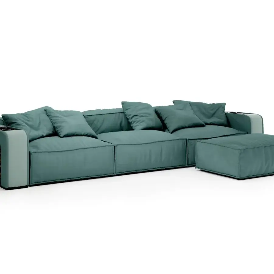 Superior Vismara Onassis Home Cinema sofa upholstered in muted teal textile with matte finish and Makassar Ebony inserts