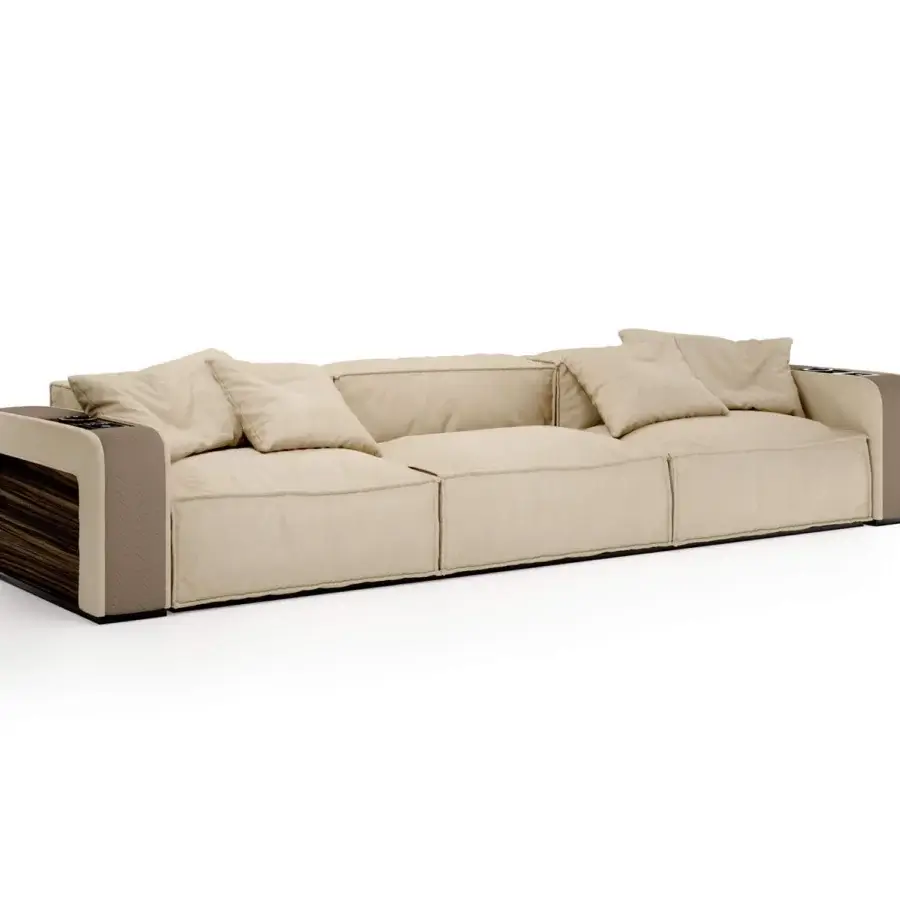 Exceptional Vismara Onassis Home Cinema sofa upholstered in beige textile with polished Ebony Makassar and chrome steel cup holders