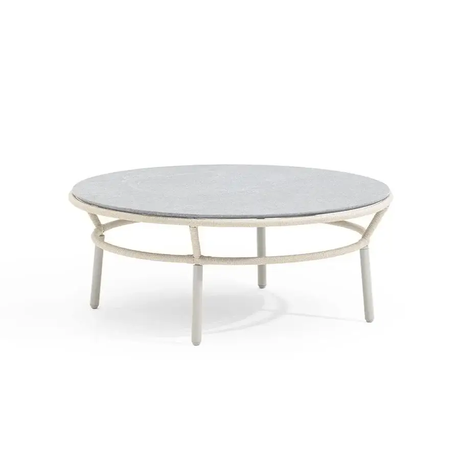 Distinguished Varaschin Emma Cross coffee table with light gray bush-hammered ceramic and textured rope-wrapped aluminum frame