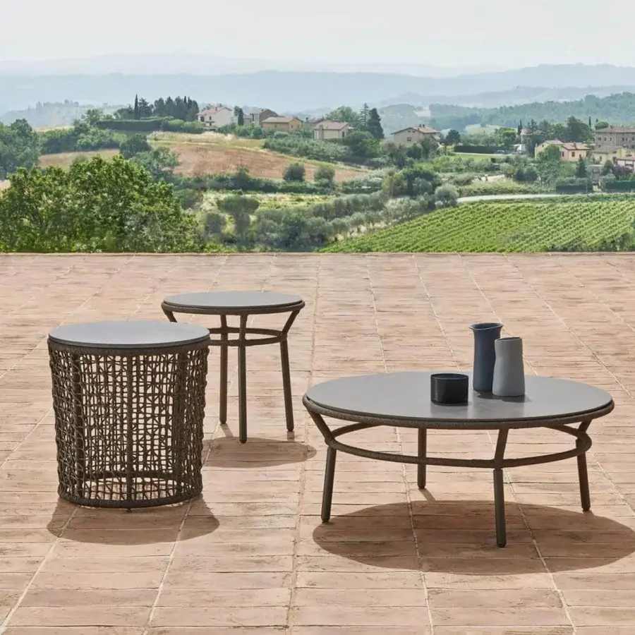 Exceptional Varaschin Emma Cross side table with flared shape and textured brown powder-coated aluminum with synthetic fiber rope weave