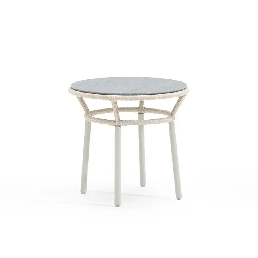 Distinguished Varaschin Emma Cross side table with gray hpl top and hand-woven synthetic fiber rope base built with powder-coated aluminum legs