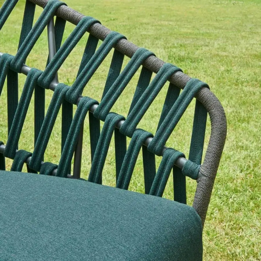 Distinguished Varaschin Emma Cross lounge chair with dark green fiber rope, textile straps and powder-coated aluminum frame