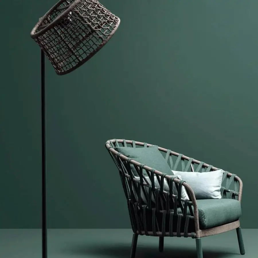 Exceptional Varaschin Emma Cross lounge chair with muted green acrylic fabric and powder-coated aluminum frame built for outdoor relaxation