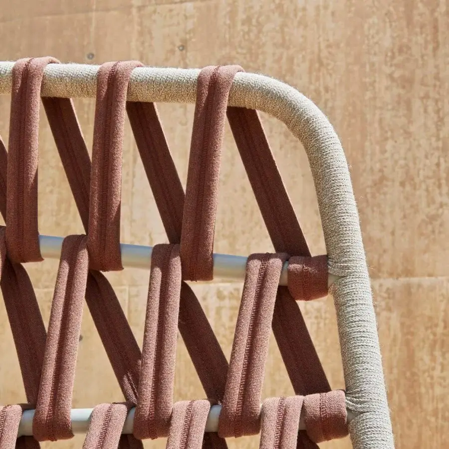 Elegant Varaschin Emma Cross sofa with hand-woven reddish-brown acrylic fabric and light powder-coated aluminum frame